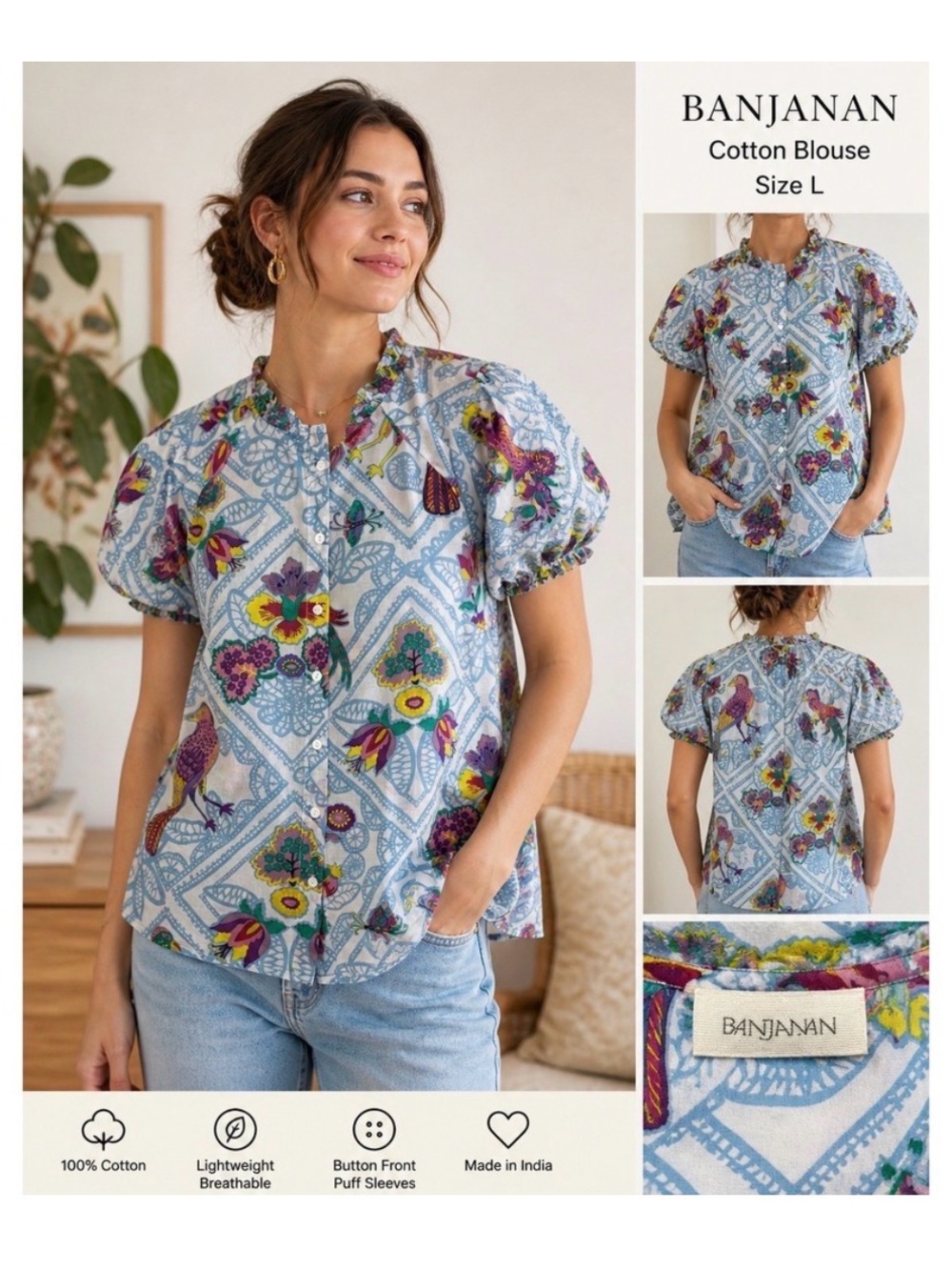 Banjanan Sky Ciel Bird Floral Puff Sleeve Cotton Button Down Blouse L